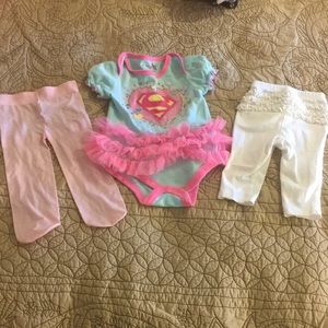 Supergirl ruffle onesie, tights & ruffle pants 6M